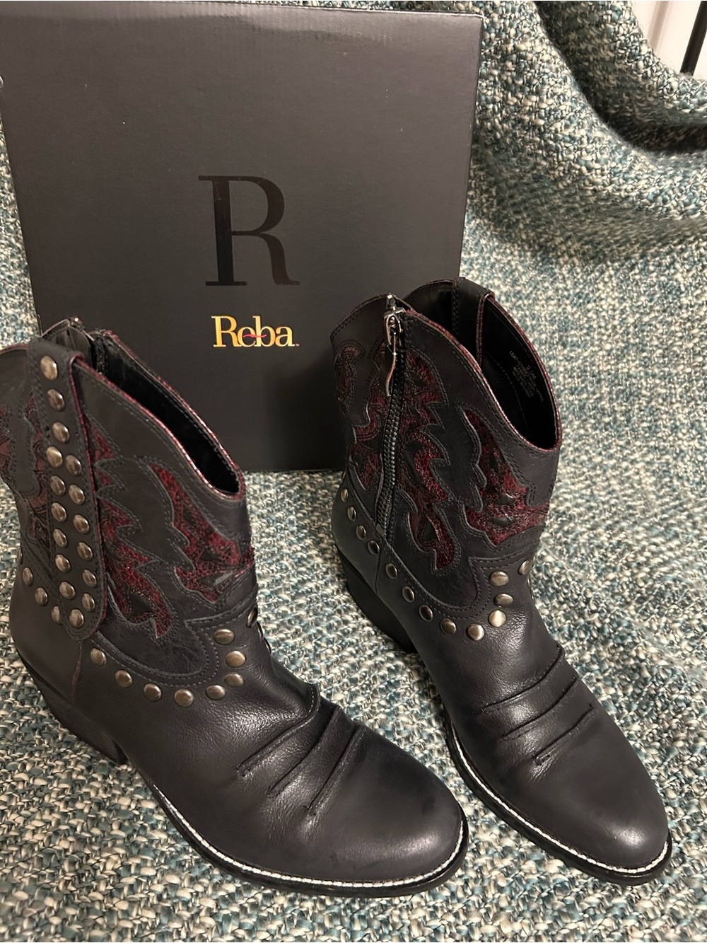 Reba Black Leather Studded Western Booties with Burgundy Stitching - Picture 7 of 7